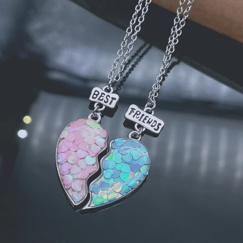 Iridescent Glitter Split Heart BFF Necklace