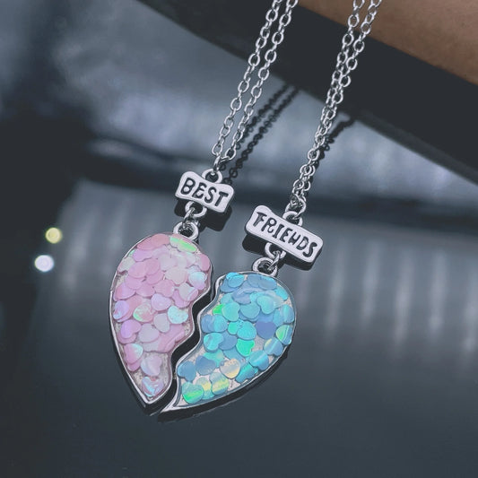 Iridescent Glitter Split Heart BFF Necklace